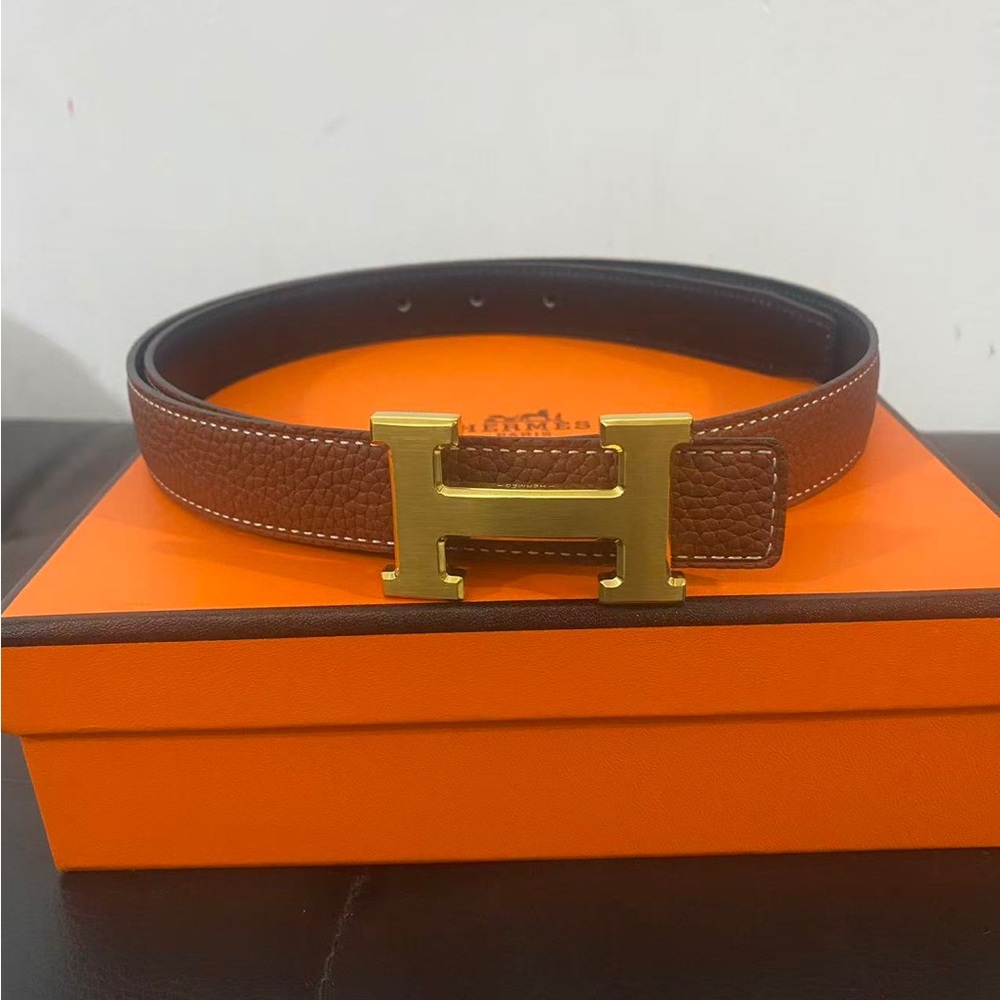 Hermès Brown Leather H Belt 85cm Gold Buckle Luxury Classic